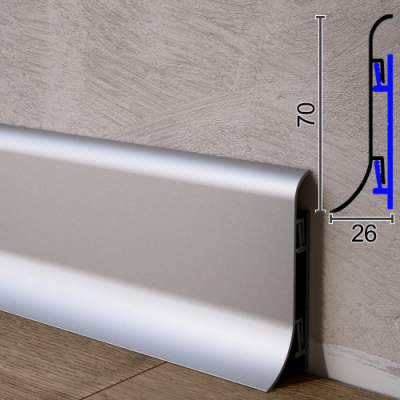 Итальянский алюминиевый плинтус с большим нахлёстом на пол Profilpas Metal Line 98/7SF. H=70mm. Анодированный