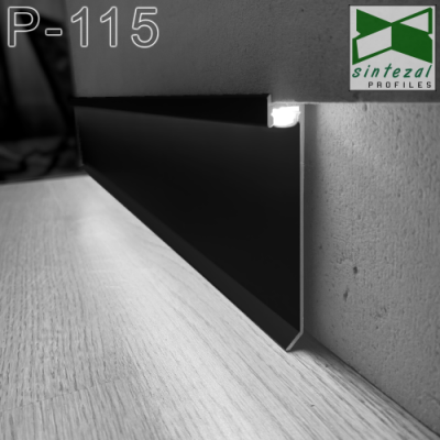 Скритий алюмінієвий плінтус з прихованою LED-підсвіткою Sintezal P-115B, H=80mm. Чорний