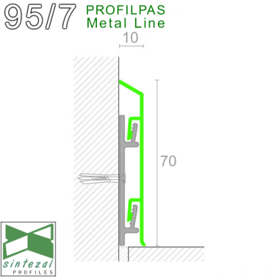 Дизайнерский алюминиевый плинтус Profilpas Metal Line 95/7, H=70mm. Италия